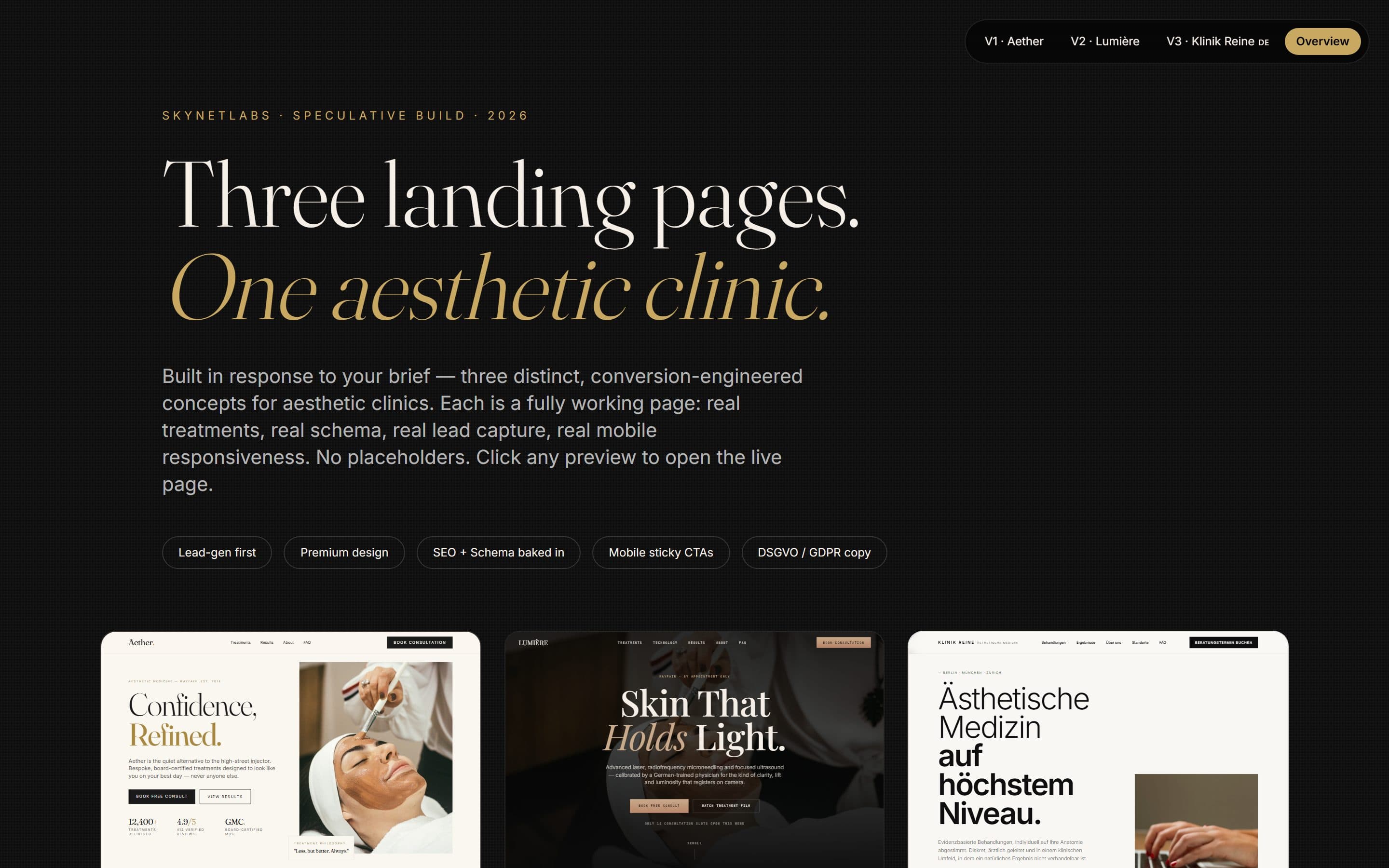 Aesthetic Clinic · 3 Concepts — live screenshot